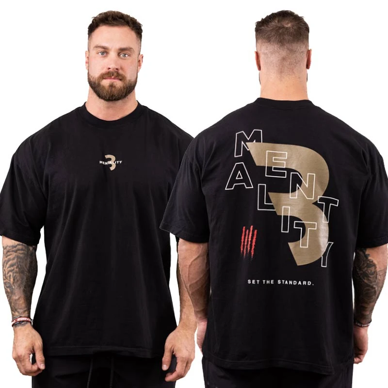 3D Mentality Gym T-Shirt Men Oversized Double Sided Graphic Tee SET THE STANDARD Back Print Gym Bodybuilding Workout Casual Tops