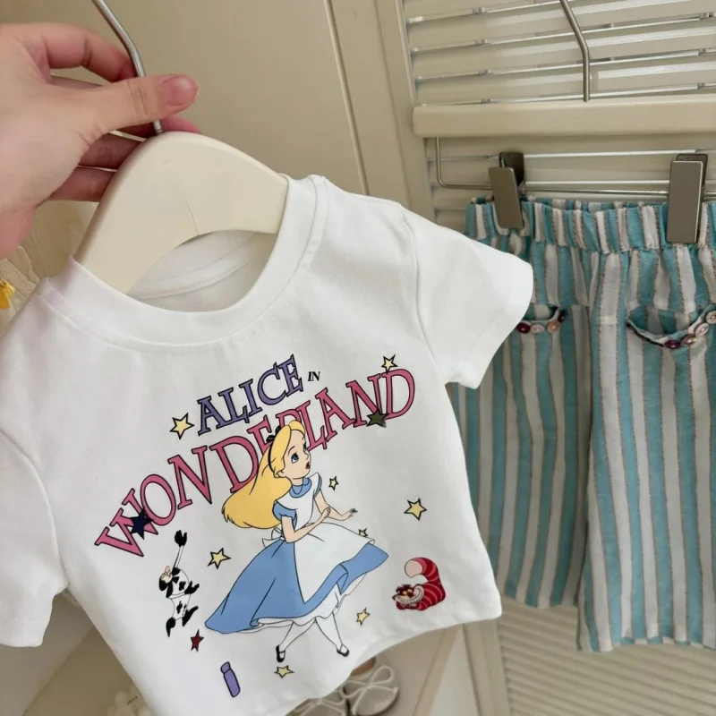 

Summer New25Girls' Round Neck Cartoon Print Sweet Short SleeveTChildren's Shirt Set