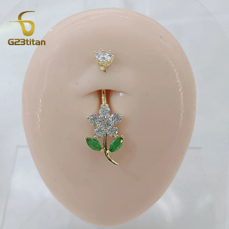 CZ Zircon Flower Belly Button Ring 14G Titanium Bar Anti Allergy Body Piercing Navel Jewelry Women Accessories Gold Silver Color
