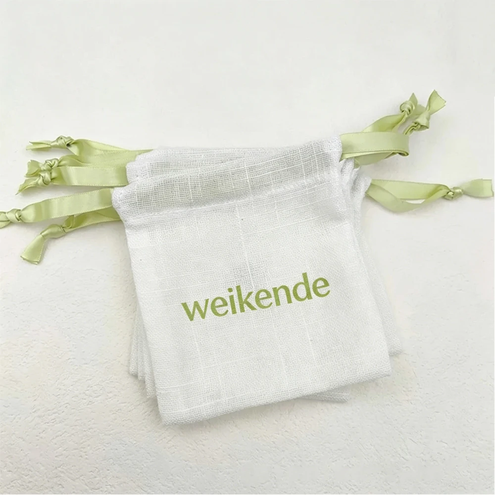 50pcs Personalized Logo White Bamboo Cotton Jewelry Drawstring Bag with Ribbon Earrings Perfume Keychain Soap Cosmetic Organizer