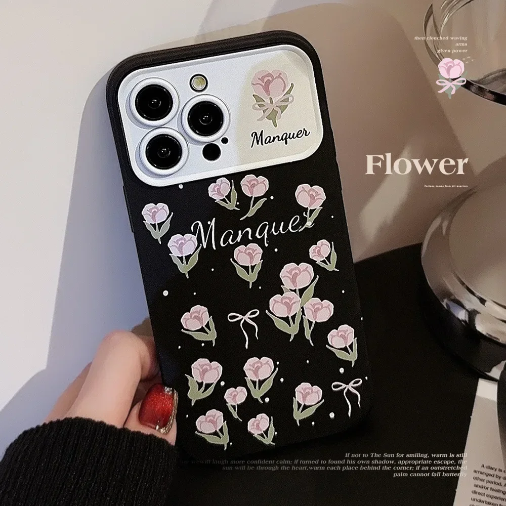 Simple  Style Black White Pink Tulip Phone Case for IPhone16 15 14 12 13 11 Pro ProMax Plus X XR Shockproof Phone Cover