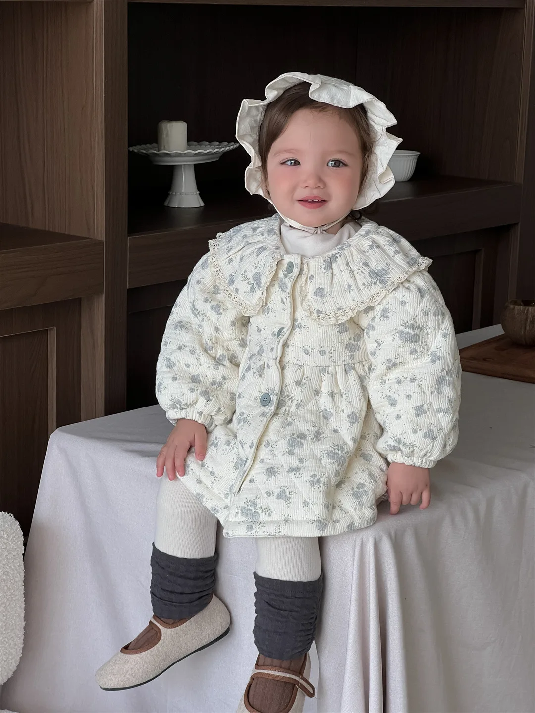 2024 Winter New Baby Long Sleeve Warm Coat Plus Velvet Thick Girls Floral Lapel Cardigan Toddler Padded Jacket Infant Clothes