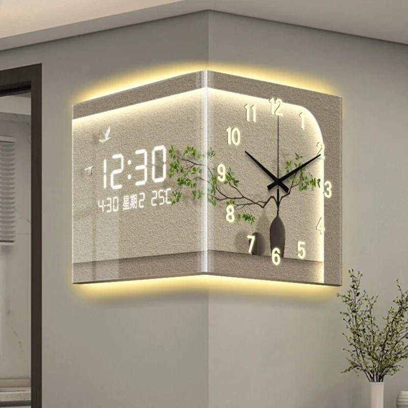 Living Room Corner Clock Wall Hanging Luxury Design Nordic 12 Inch Digital Clock Insert Power Light House Home Decoration