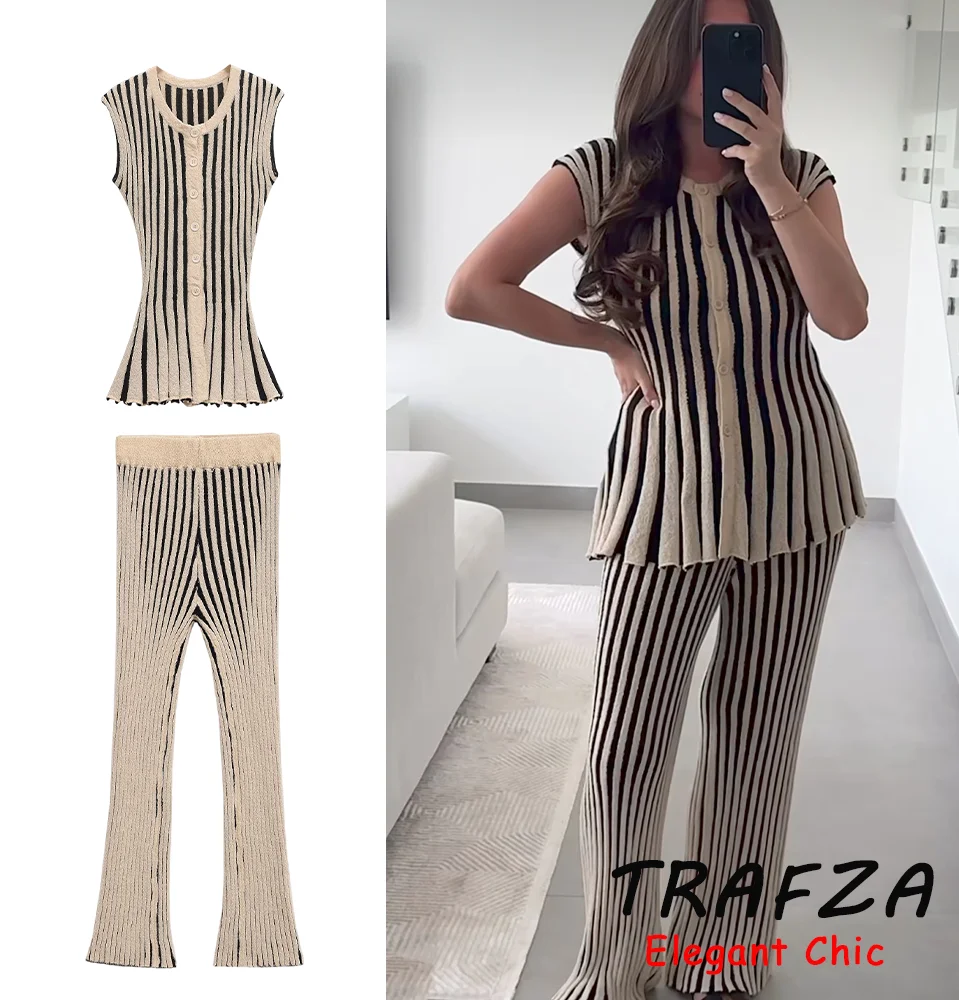 

TRAFZA Casual Striped Knitted Suit Vintage Women's O-Neck Button Vest Long Pant 2025 Spring Summer Fashion Holiday Lady Pant Set