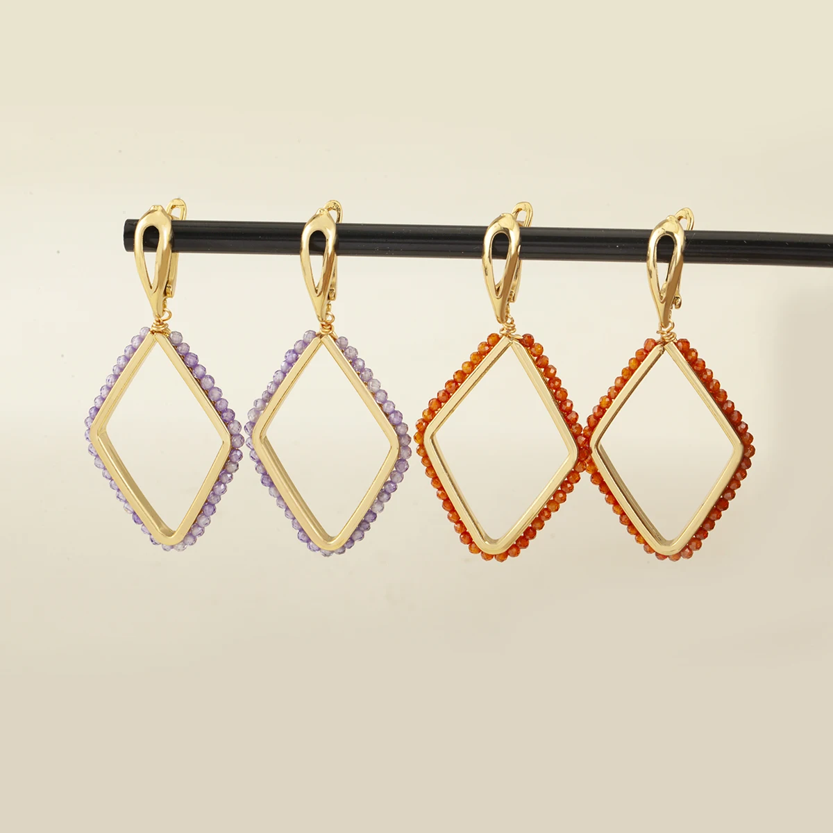 Nidin Boho Style Multicolor Beads Rhombus Drop Earrings For Women Hollow Geometric Ethnic Fashion Jewelry Birthday Party Gifts