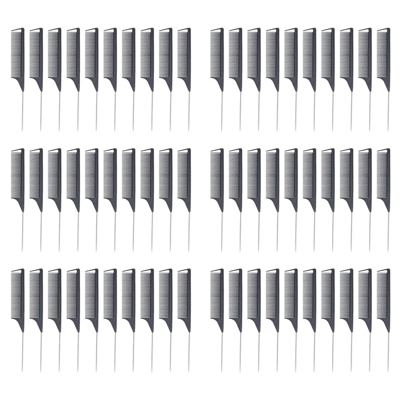 

A55X-60 Pieces Parting Comb For Braids Hair Rat Tail Comb Steel Pin Rat Tail Carbon Fiber Heat Resistant Teasing Combs(Black)