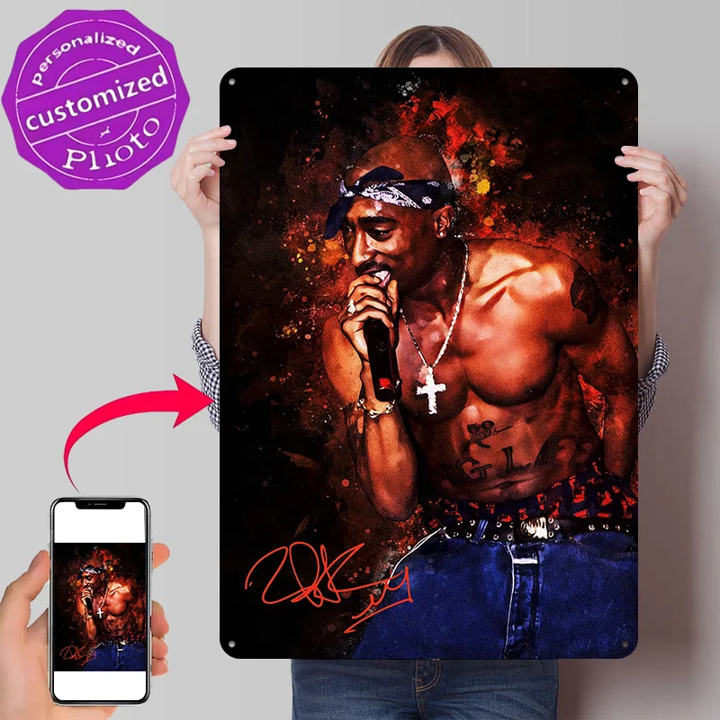 Tupac Shakur Digital Art Portrait Poster Retro 3D Printed Metal Signs Customized Wall Hanging Gift for Room Decorating Interior