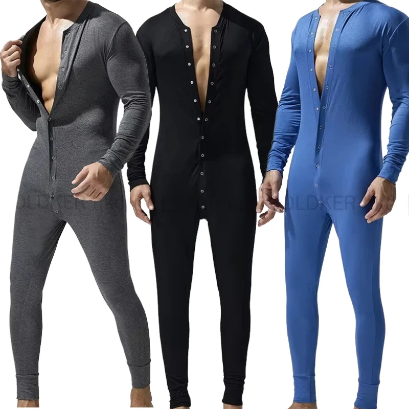 TAUWELL Men's One Piece Bodysuit Long Sleeve Button Front Jumpsuit Tight Fitting Pajamas Loungewear for Men Pajamas Jumpsuits