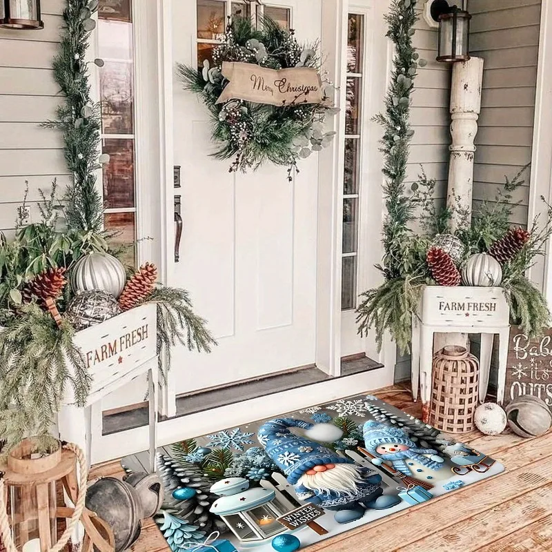 Blue Winter Gnome Snowman Flannel Doormat Winter Wishes Snowflake Pine Tree Gift Box Anti‑Slip Home Entrance Holiday Decor Rug