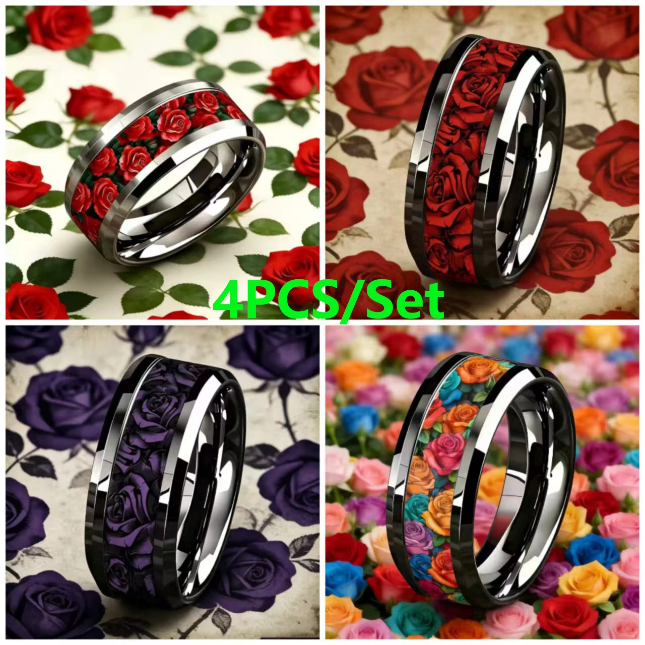 4Pcs/set Rose  Inlay Fashion Stainless Steel Rings Set Marriage Rings Man Jewelry Promise Stainless Steel Rings Set