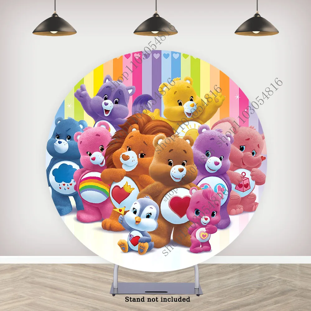 MINISO Care Bears Round Photography Backdrop For Girls Birthday Party Circle Photo Background Booth Plinth Covers Polyester