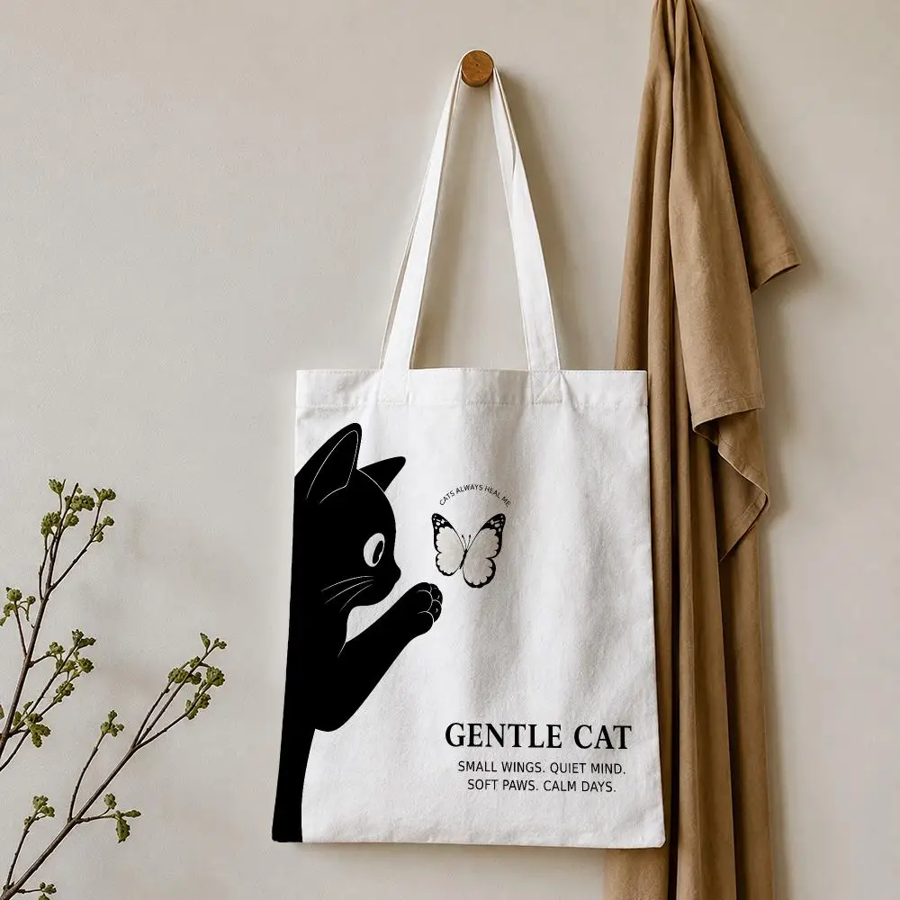 Black Cat Butterfly Minimalist Art Storage Bags Tote Bag Reusable Shoulder Shopping Foldable For School Work Travel Daily Use