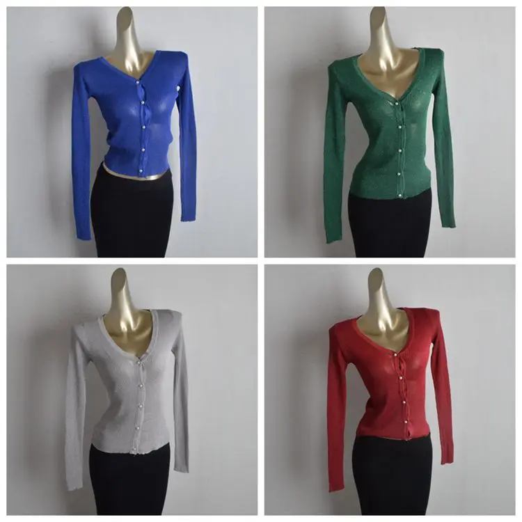 Spring New Fashion Pearl Button V-neck Slim Fit Long Sleeve Open Cardigan Women's Knitted Sweater Mixed Silver Gold Thread