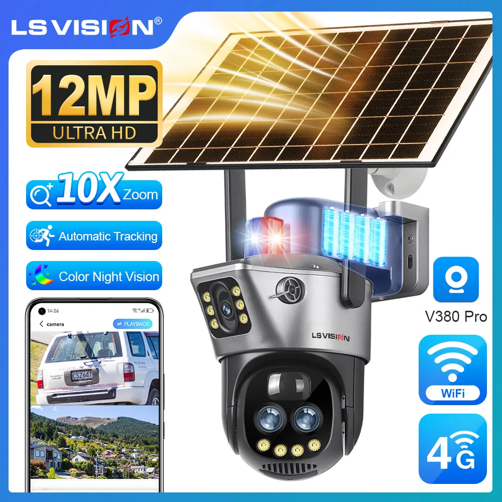 LS VISION 12MP 듀얼 스크린 4G 태양광 CCTV 카메라 – 6K WiFi PTZ, 자동 추적 및 10배 줌 기능, 레드 블루 라이트 알람 지원