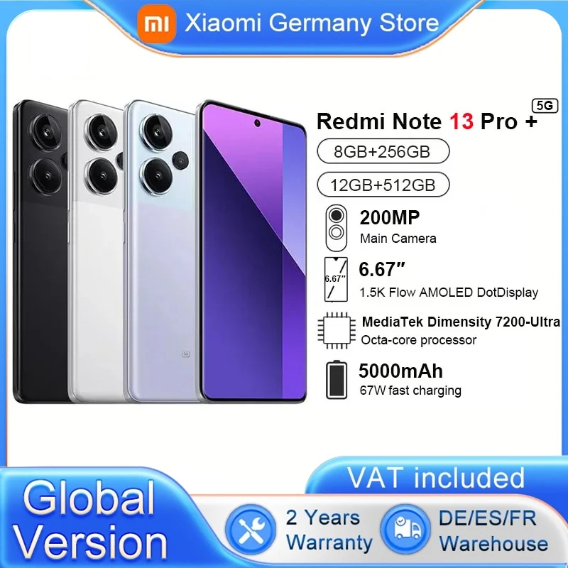 Global Version Xiaomi Redmi Note 13 Pro+ Plus 5G MTK Dimensity 7200-Ultra 6.67‘’ 120Hz AMOLED 120W Hyper Charging 200MP Camera