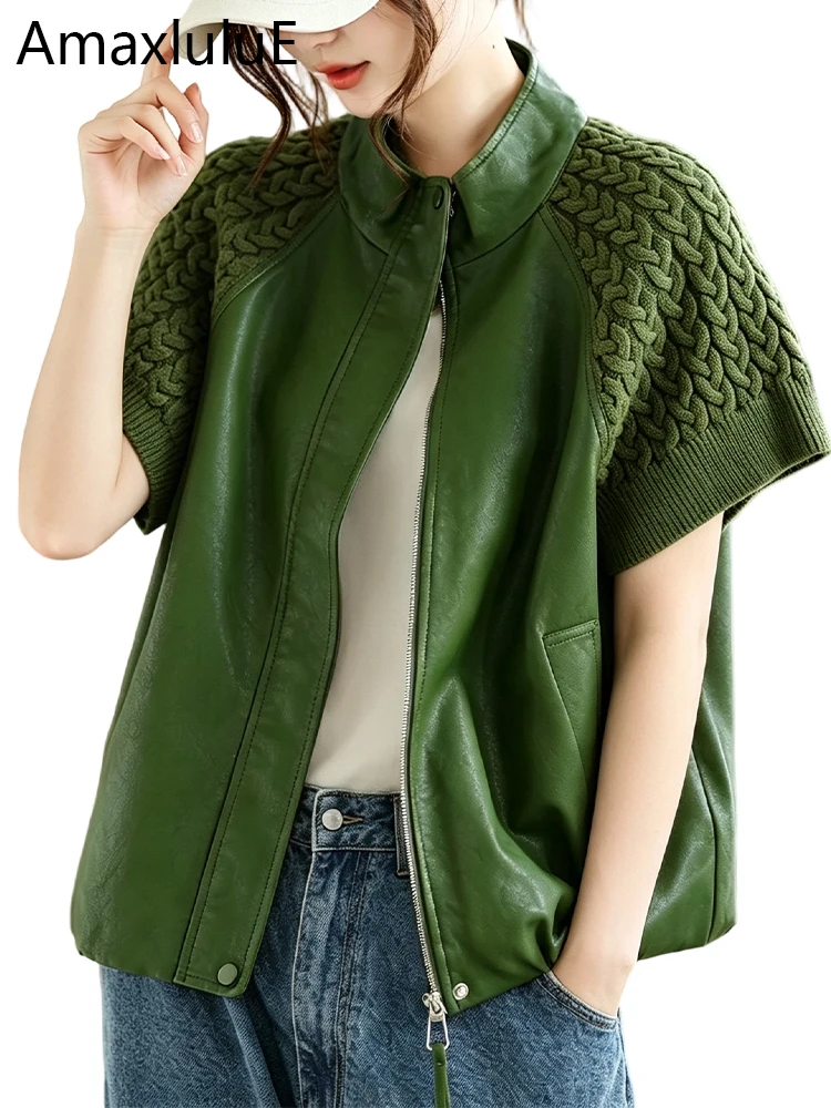 Amax LuluE 2026 Fall Womens Fashion Knitted Faux Leather Jackets Loose Casual Biker Pu Coats Ladies Classic Patchwork Outerwear