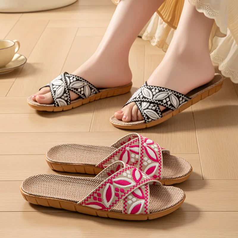Linen Home Slippers Women Flats Summer Casual Designer Shoes Ladies Elegant Hemp Indoor Slides Couple Soft Non-Slip Lightweight view 5