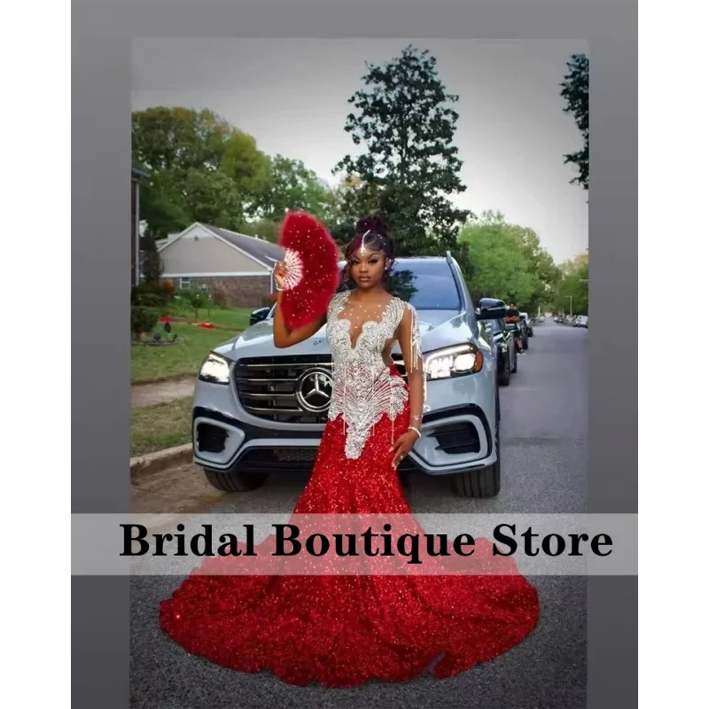 2026 레드 스팽글 실버 태슬 크리스탈 비딩 크리스마스 데이 머메이드 프롬 드레스 생일 드레스 블랙 걸 칵테일 맞춤 제작