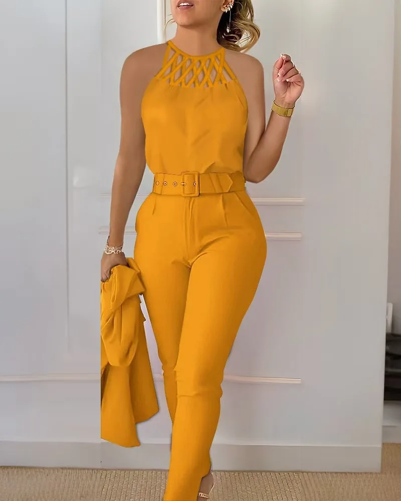 Damski Zestaw Dwuczęściowy Strój Moda Lato 2025 Wycięty Okrągły Dekolt Bez Rękawów Top Tank & Codzienne Spodnie z Kieszeniami