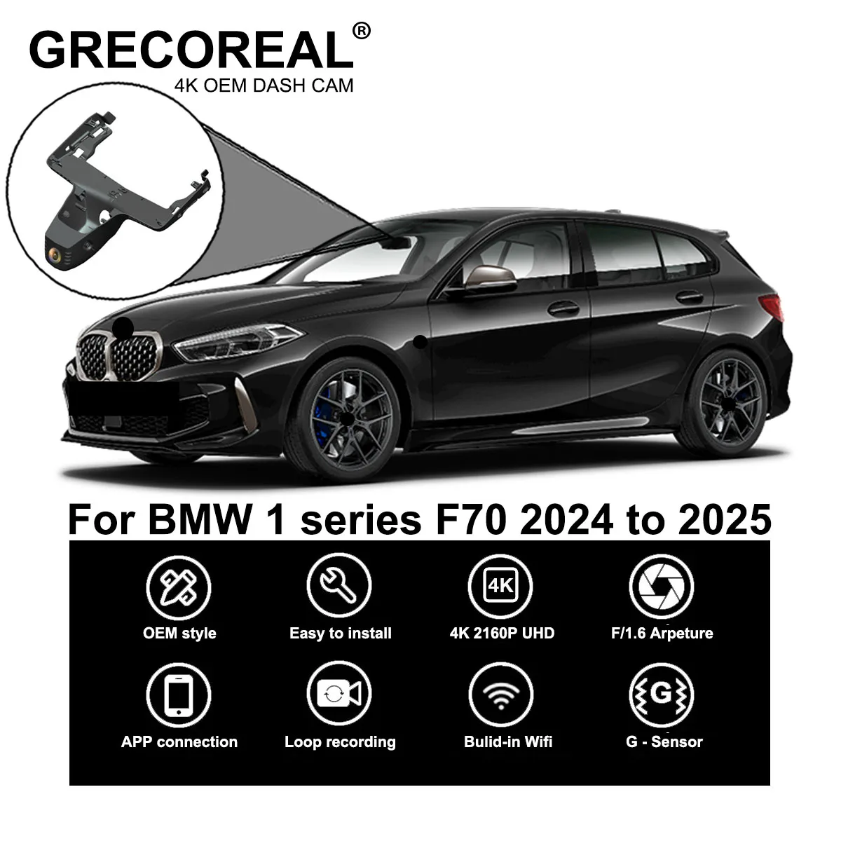 

GRECOREAL 4K Dash Cam Front Rear 2160P WiFi Car Dual Dashcam APP Control Easy Install Plug Play Compatible with BMW 1 Series F70