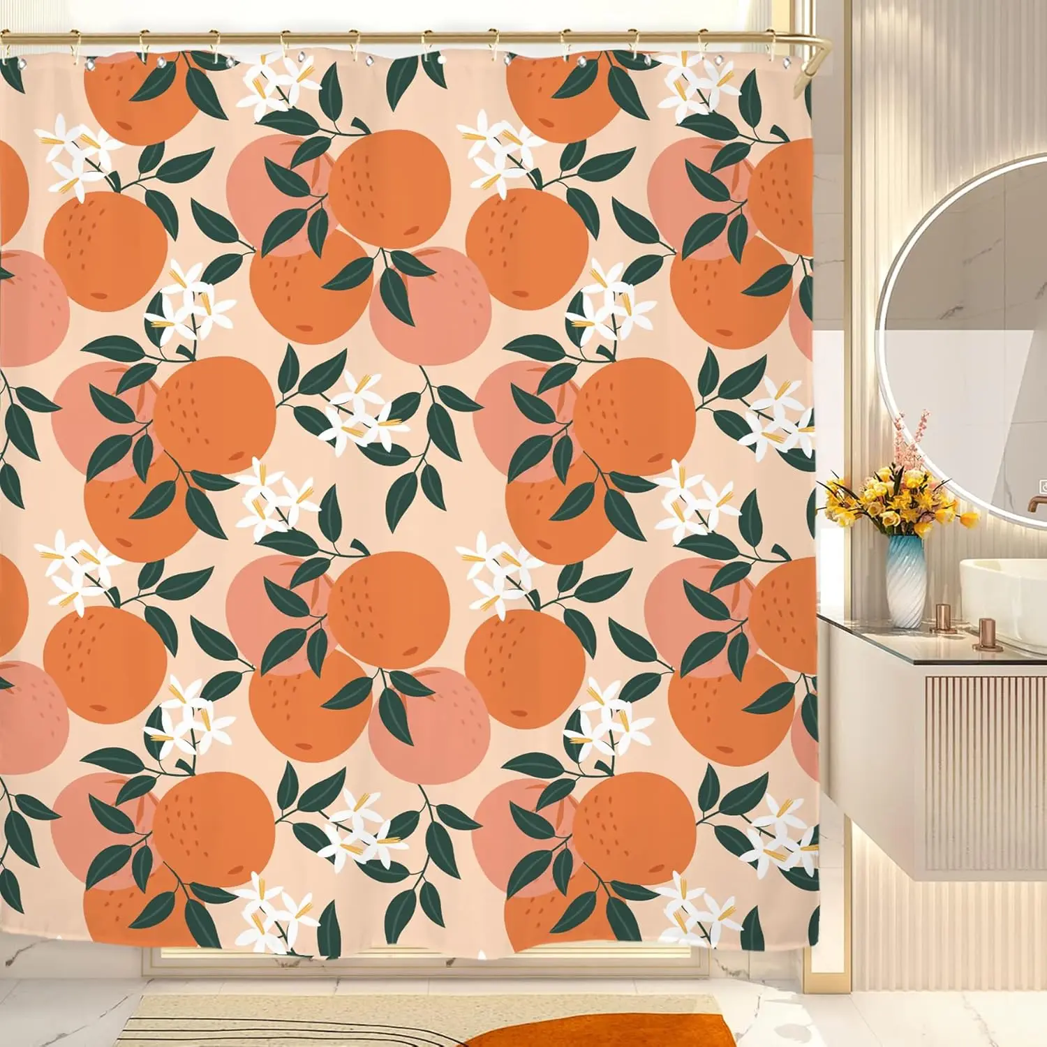 

Miyotaa Orange Fruit Shower Curtain Set 60Wx71H Inches Cute Citrus Green Leaves Fresh Polyester Waterproof Cloth Bathroom Curtai