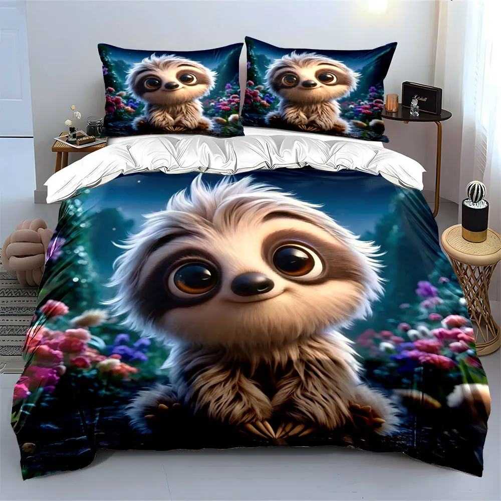 Cute animal sitting in flowers Print Bedding Set 1 Duvet Cover 2 Pillowcases for Adult and Children Luxury Gift Full Size