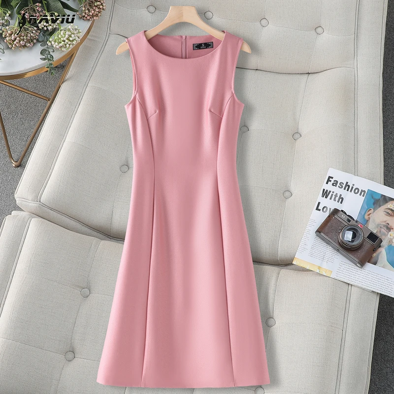 

NAVIU New Classic Work Style Formal A line Dress Women Clothes Elegant Office Lady Commute Solid Sleeveless O Neck Slim Dresses