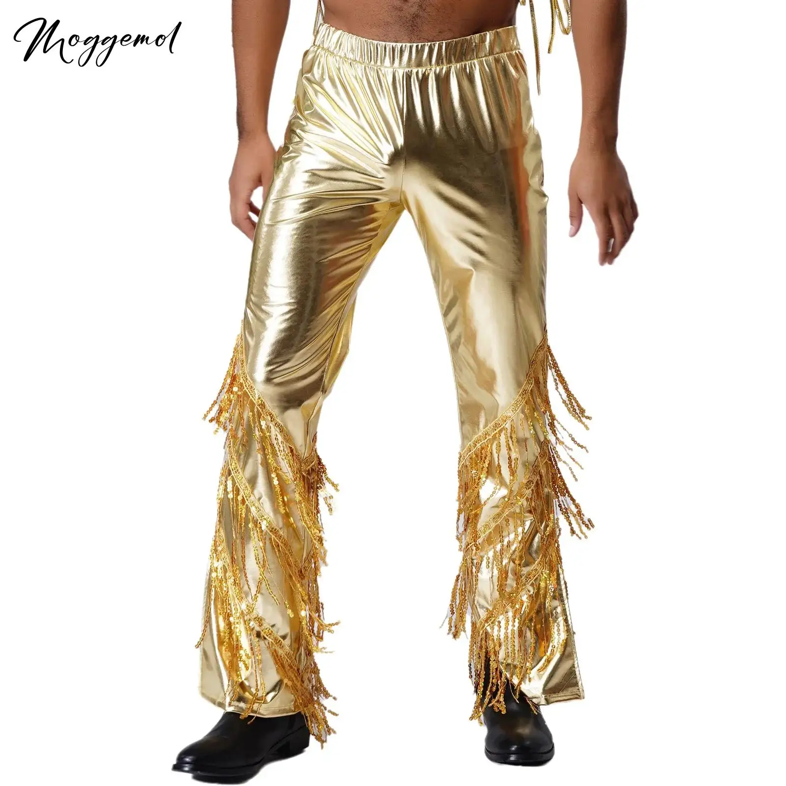 

Mens 70s Disco Shiny Metallic Long Pants Slit Bell Bottom Tiered Sequined Tassel Dance Trousers for Raves Jazz Music Festival
