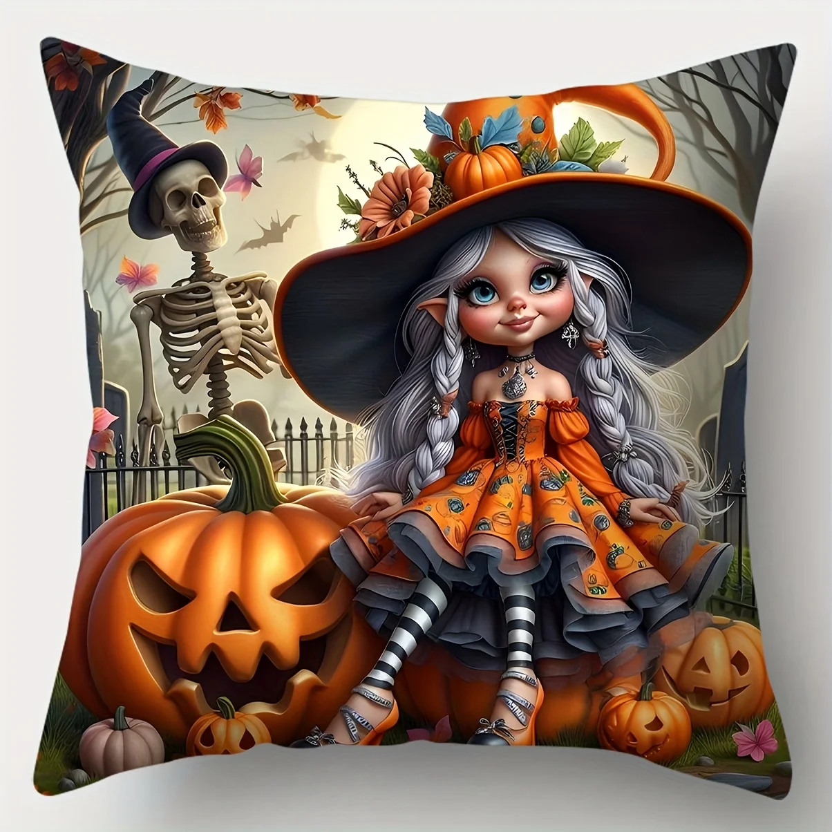 Halloween-Themed Pillow Covers 4 Themed Polyester Pillow Covers with Cute Beautiful Witches, Pumpkin Heads