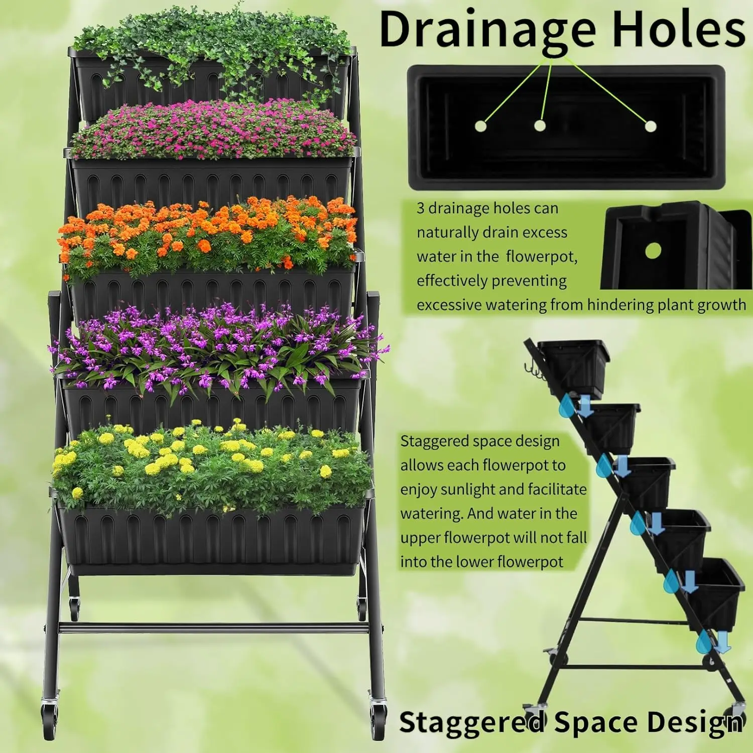 

4FT Vertical Garden Bed, 5 Tiers Vertical Raised Garden Planter, 25.6 * 26 * 48Inch Garden Raised with 4 Hooks & Wheels,