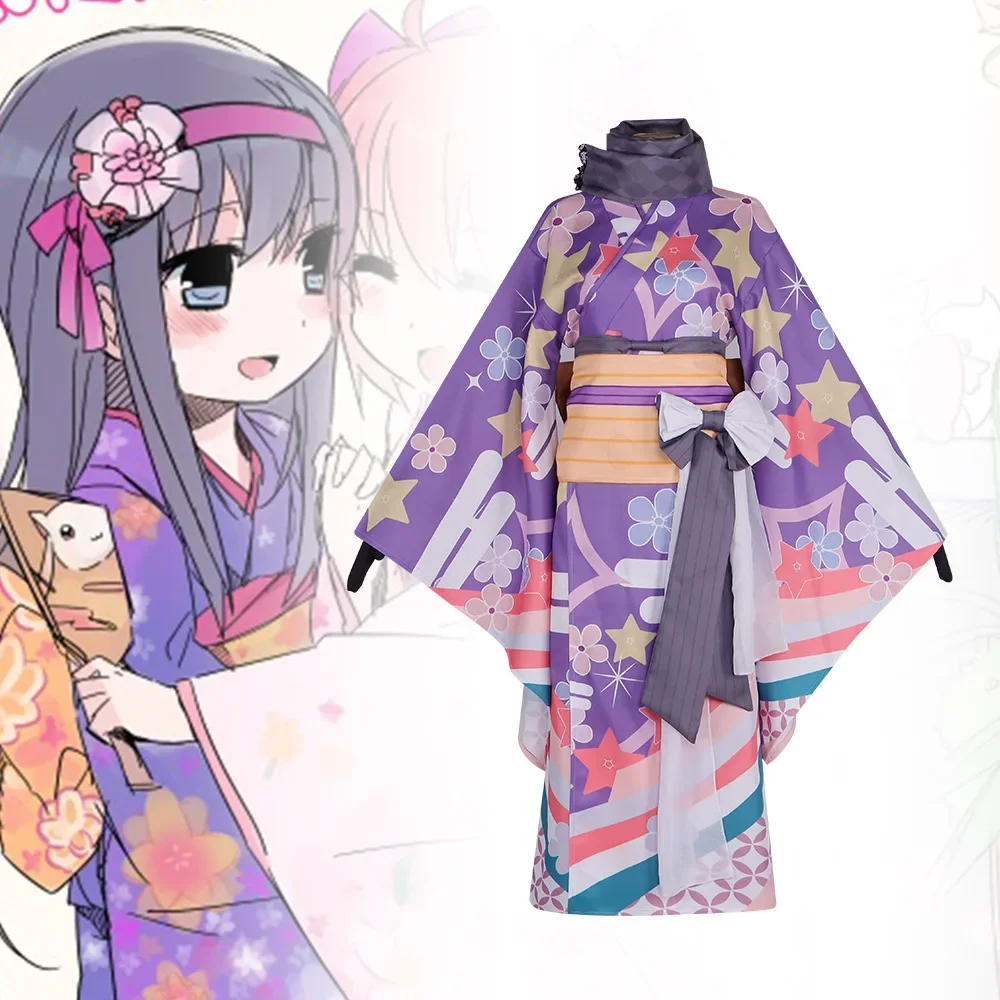 Puella Magi Madoka Magica Cosplay Kimono Bathrobe, Kaname Madoka & Akemi Homura Printed Costume Outfit for Women Halloween Party