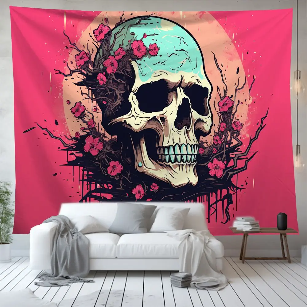 VIKAMA Skull Tapestry, American Hippie Style Pink Backdrop Wall Hanging for Bedroom Living Room Decor