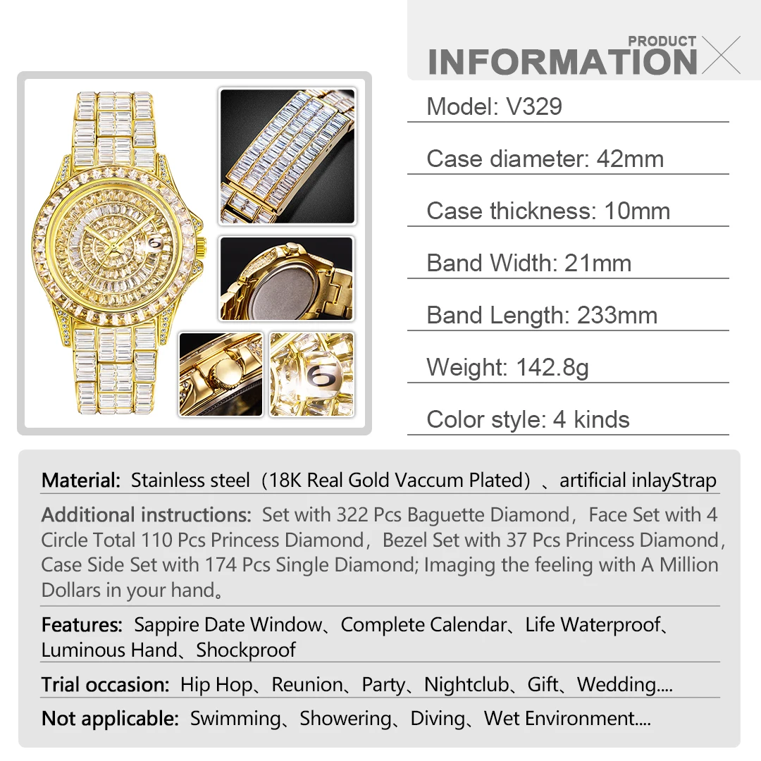 Gold Men\'s Watch With 322 Pcs Baguette Expensive Hip Hop Style Ice Out Diamond Quartz Watches Drop ship Look Like a Millionaire