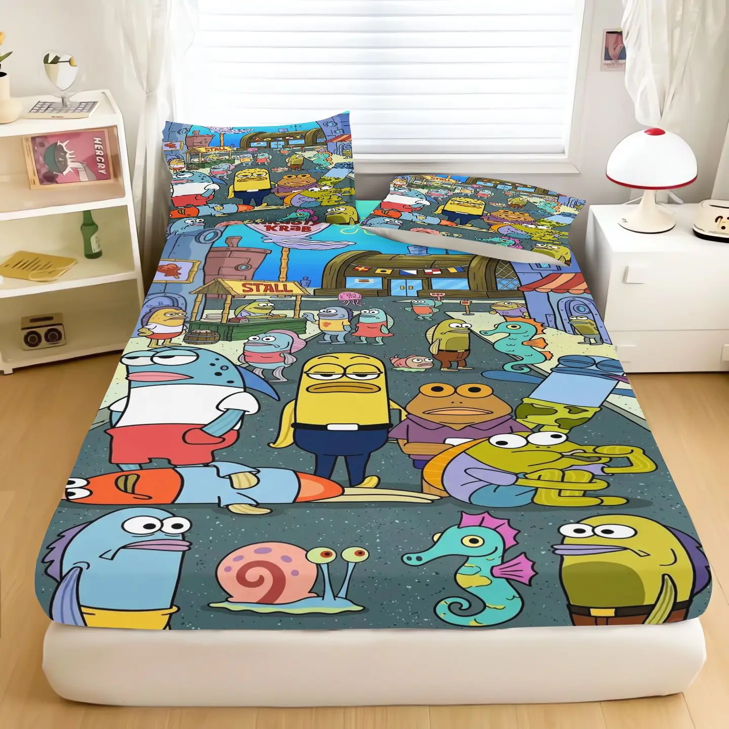 Cartoon SpongeBob Bed Sheet Set, Pink Fitted Sheet With Pillowcase, Anime Character Bedding Set, Mattress Cover For Bedroom view 2