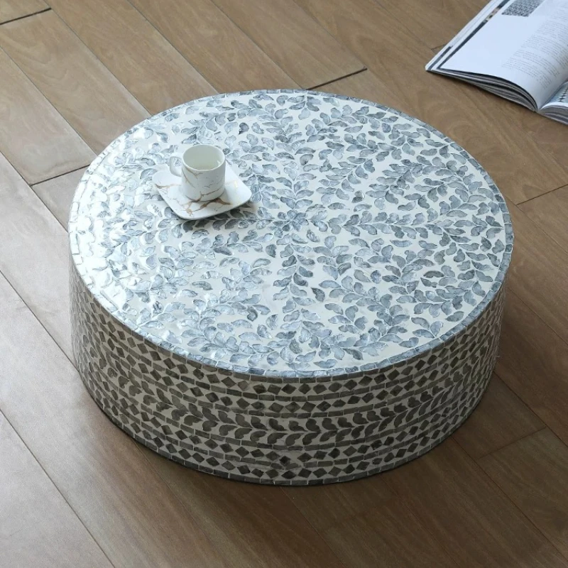 French Style Round Low Coffee Table Shell Inlay Decorative Side Table Retro Luxury Tea Desk for Sofa Homestay Bedroom furniture