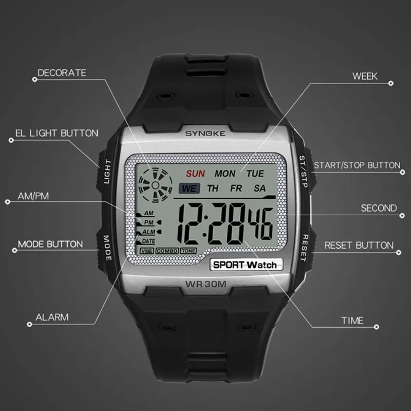 SYNOKE Men\'s Sports Watch Military Square Digital Watches Male Electronic Clock LED Alarm Waterproof Wristwatch Dropshipping New