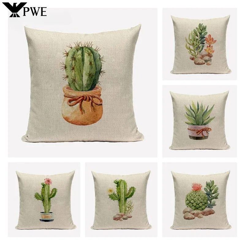 Pillow Case Vintage Pillowcase Decorative Nordic Cute Cactus 45*45cm for Sofa Bedroom Home Beige Fur Linen Cushion Cover