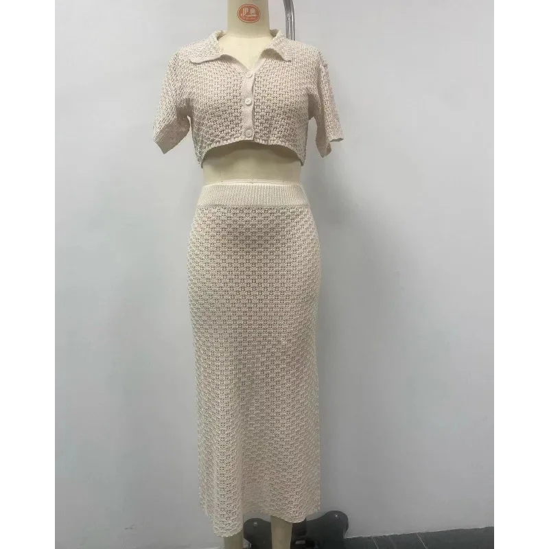 2024 Summer Knitted Crochet Vacation 2 Piece Set Women Single Breasted Short Sleeve Crop Tops Long Skirt Casual Street Beachwear
