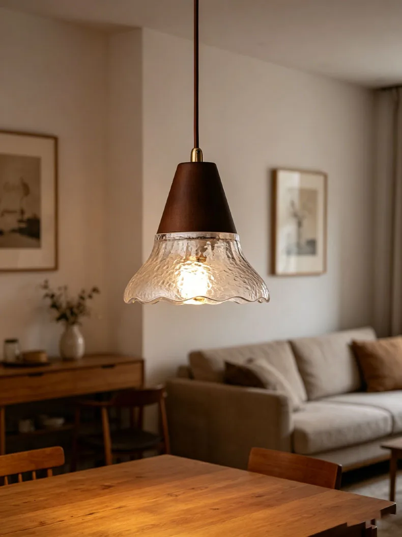 Glass Pendant Lamp Brown Wood