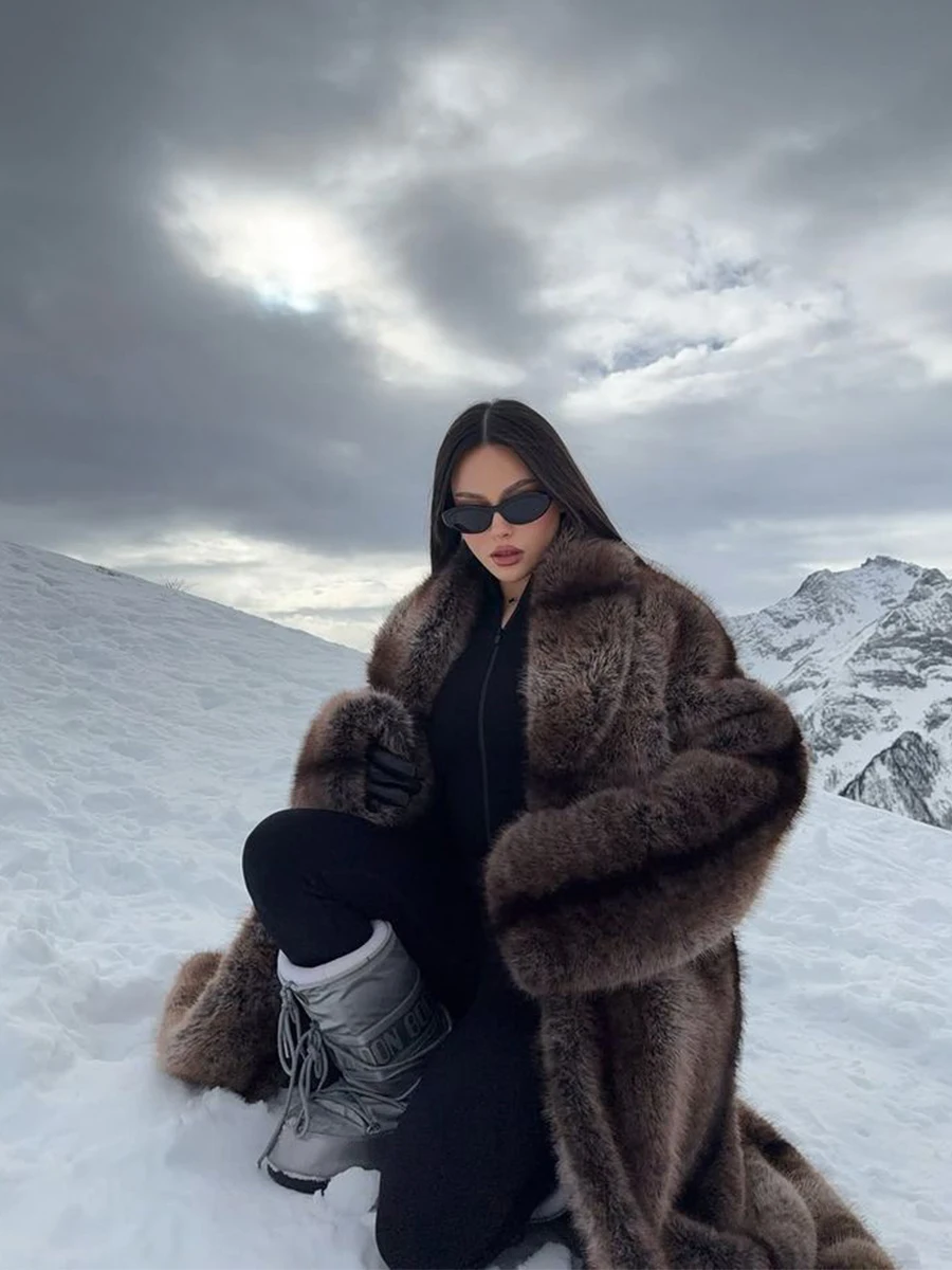 Brown Stripes Gradient Premium Faux Fur Maxi Long Coat Luxury Vintage Fluffy Lapel Collar Midi Coat Pinterest Style Slay Outfits