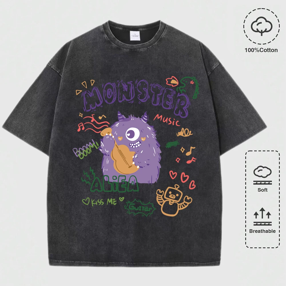 

Purple Plush One-Eyed Monster Printing Men Washed T-Shirt All-Match Casual T Shirts Cotton Soft Summer Clothes Hip Hop Loose Top
