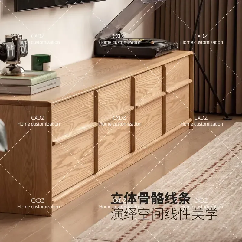 Solid Wood TV Cabinet with Bone Inlay Detail Vintage Style Floor Standing Media Console for Living Room Log Color Storage