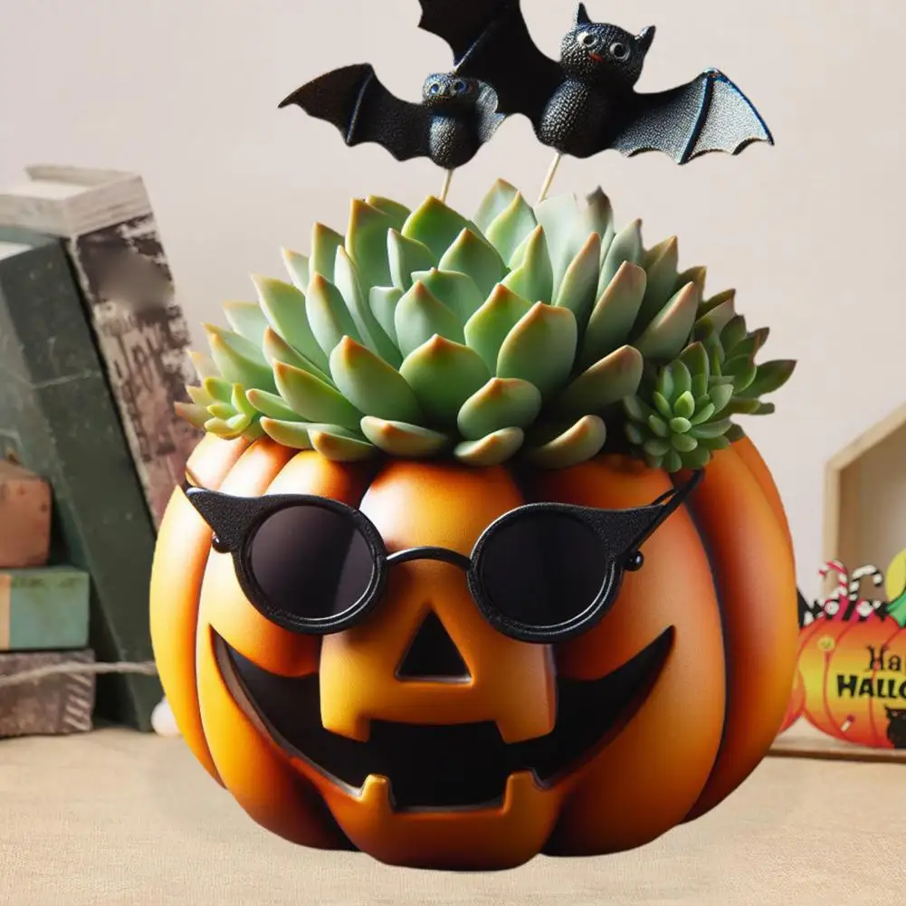 Fade-resistant Planter Realistic Pumpkin Head Flowerpot for Succulent Desktop Decoration Small Resin Planter Pot for Halloween