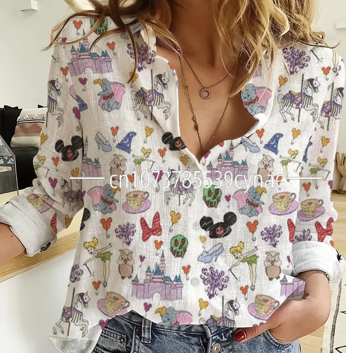 Disney Hawaii Shirt Spring Autumn Button Shirt Women's Holiday Beach Long Sleeve 3D Full Print Fashion Colorful Casual Hip Hop