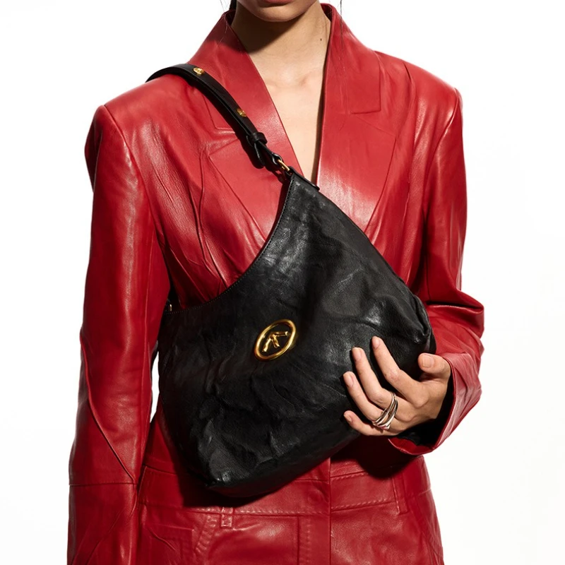 GROTTO 2025 Fashion Black Stone Hobo Small Vegetable-Tanned Lambskin Commuter Single-Shoulder Crossbody Underarm Soft Bag