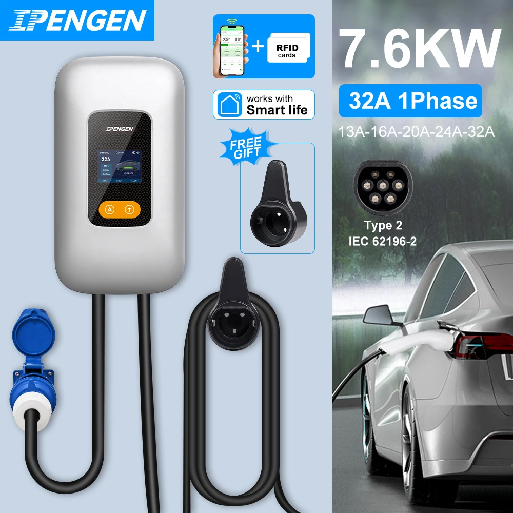 

IPENGEN Type2 7KW EVSE Wallbox EV Charger CEE Plug 32A 1Phase Wi-Fi Smart APP Control Charging Station for Electric Car Charger