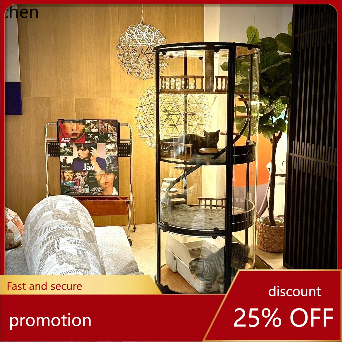 ZMLPanoramic Glass Round Cat House Rotating Cat Climbing Frame Mobile Cat House Display Cabinet