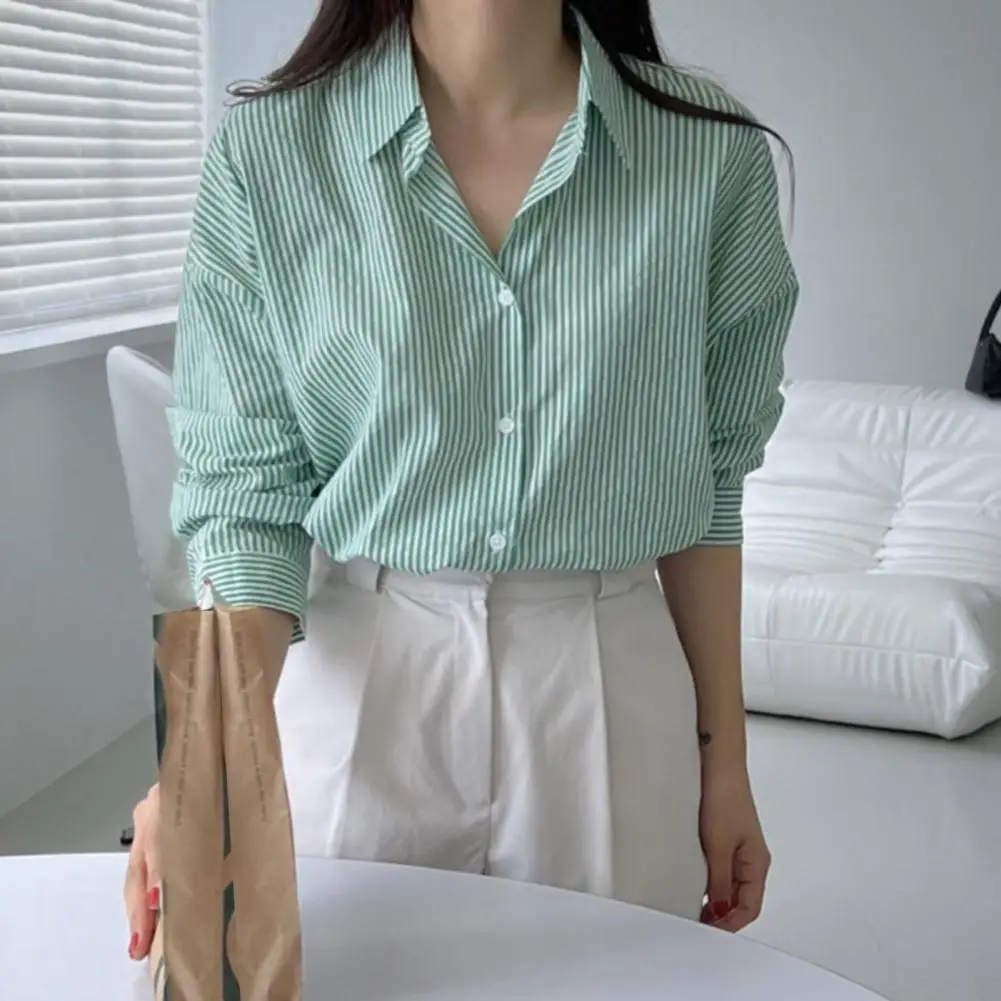 Top de manga comprida feminino, camisa solta, lapela, estampa listrada, material elástico macio para trabalho ou streetwear