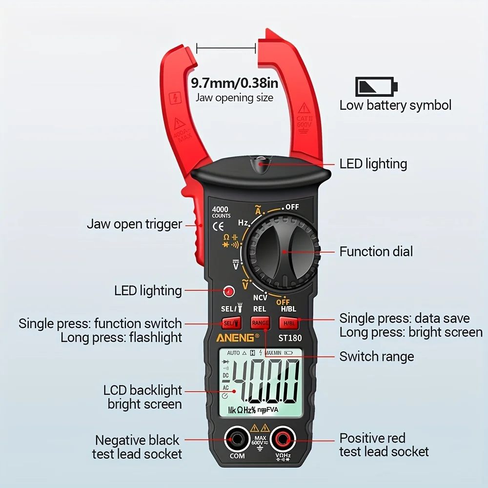 ST180 digital clamp ammeter kit, including measuring pen. 4000 counts, equipped with buzzer, high-precision multimeter