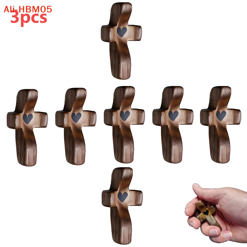 (HB05)3pcs Cross My Heart Encouragement Gift Handheld Wooden Cross With Epoxy Heart To Carry In Pocket Emotional Support